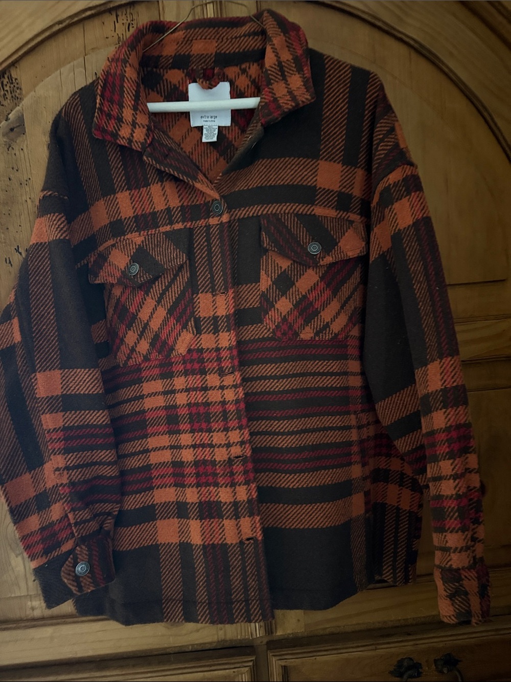 Plaid Button-Up Shacket Jacket - Orange/Dark Brown.PERFECT for Fall/Winter layer